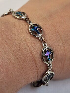 VTG 90's Genuine Abalone Shell Inlay Cross Bracelet 7.5"